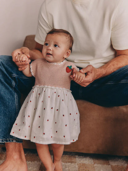 |BabyGirl| Vestido De Crochê Rosa Com Estampa De Morango Para Bebê (0 meses a 2 anos)
