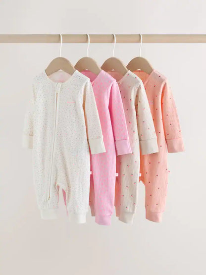 |BabyGirl| Conjunto De 4 Macacões De Dormir Rosa Com Zíper Duplo Para Bebês (0 meses a 3 anos)