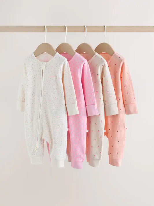 |BabyGirl| Conjunto De 4 Macacões De Dormir Rosa Com Zíper Duplo Para Bebês (0 meses a 3 anos)