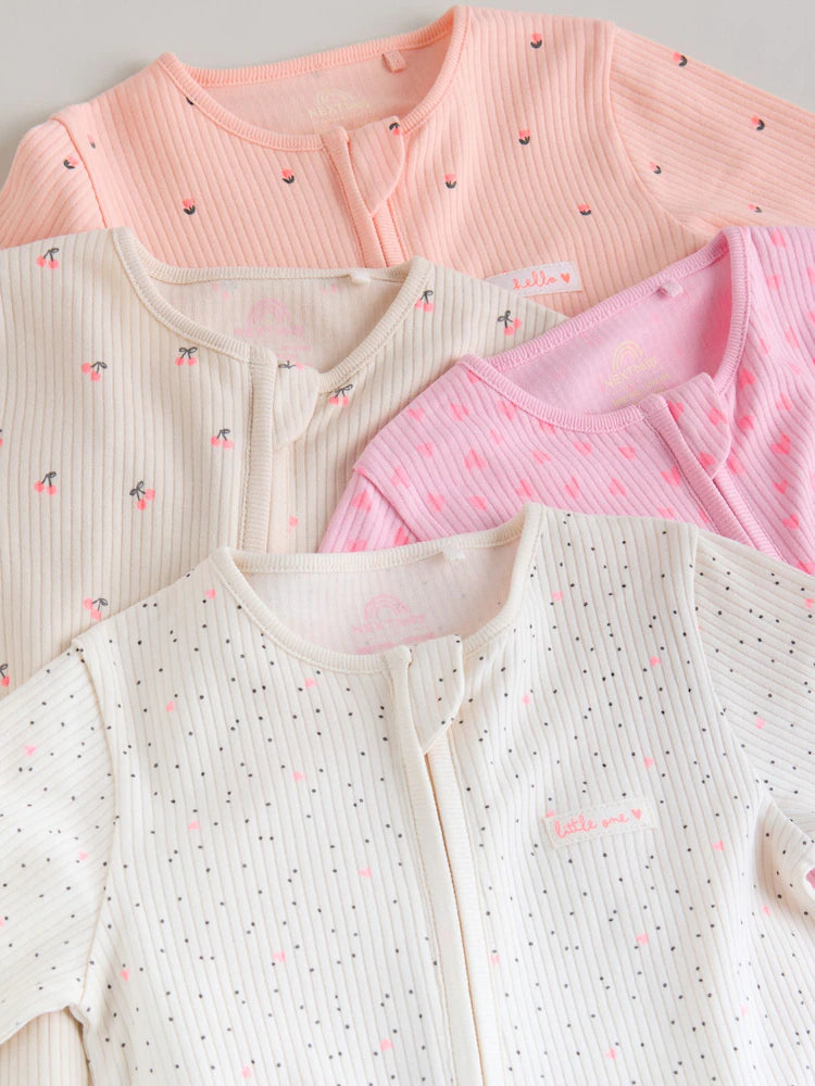 |BabyGirl| Conjunto De 4 Macacões De Dormir Rosa Com Zíper Duplo Para Bebês (0 meses a 3 anos)