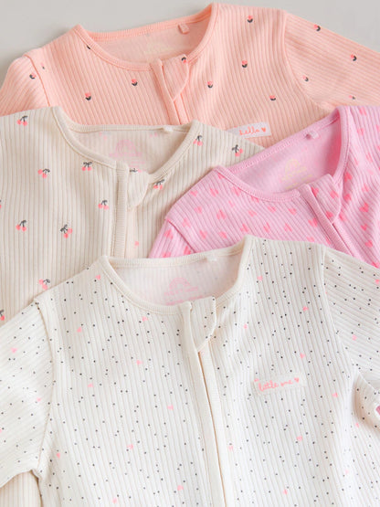 |BabyGirl| Conjunto De 4 Macacões De Dormir Rosa Com Zíper Duplo Para Bebês (0 meses a 3 anos)