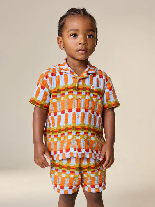 |Girl| Conjunto De Camisa De Manga Curta e Shorts Com Listras Multicoloridas Em Tons De Ferrugem (3 meses a 10 anos)