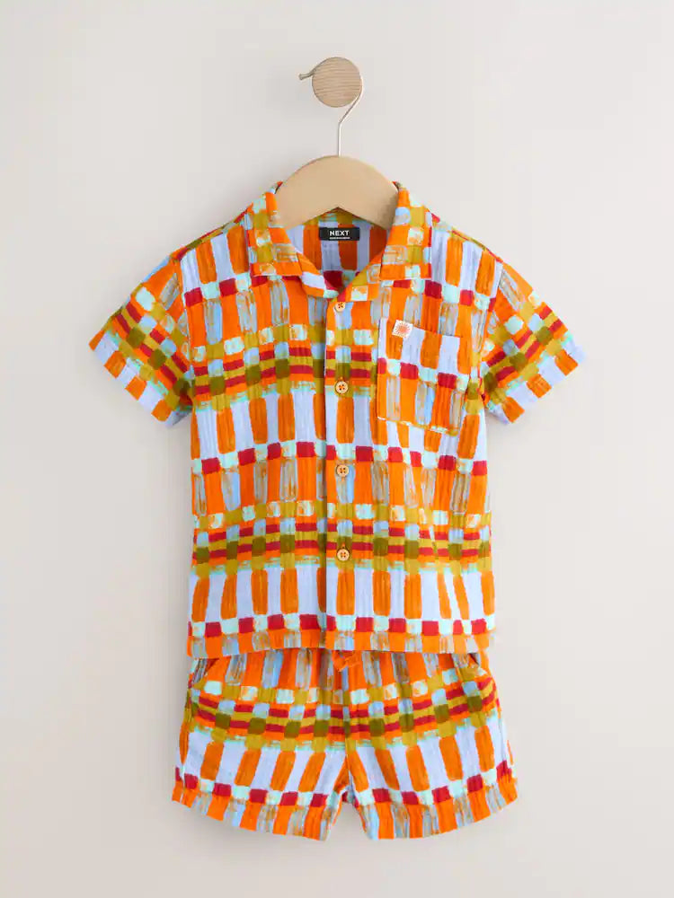 |Girl| Conjunto De Camisa De Manga Curta e Shorts Com Listras Multicoloridas Em Tons De Ferrugem (3 meses a 10 anos)
