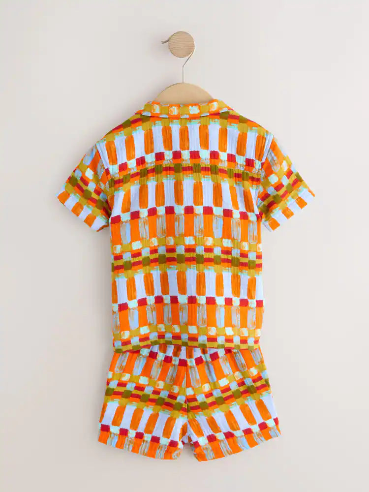 |Girl| Conjunto De Camisa De Manga Curta e Shorts Com Listras Multicoloridas Em Tons De Ferrugem (3 meses a 10 anos)