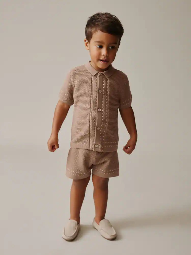 |Boy| Conjunto De Camisa Polo e Shorts Em Tricô Texturizado Marrom-Claro Com Botões (3 meses a 10 anos)