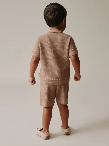 |Boy| Conjunto De Camisa Polo e Shorts Em Tricô Texturizado Marrom-Claro Com Botões (3 meses a 10 anos)