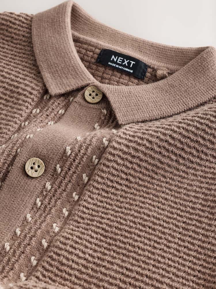 |Boy| Conjunto De Camisa Polo e Shorts Em Tricô Texturizado Marrom-Claro Com Botões (3 meses a 10 anos)