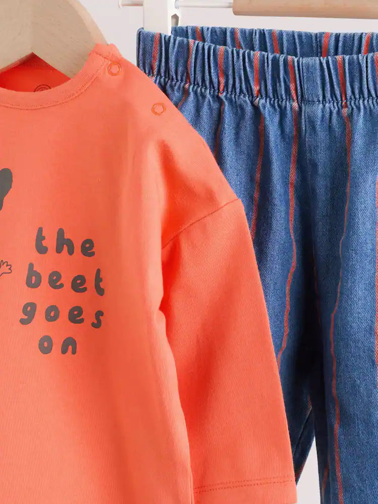 |BabyBoy| Conjunto De Blusa e Calça Listrada Vermelha Cor Beterraba Para Bebê (0 meses a 3 anos)