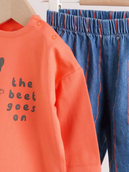 |BabyBoy| Conjunto De Blusa e Calça Listrada Vermelha Cor Beterraba Para Bebê (0 meses a 3 anos)