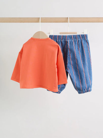 |BabyBoy| Conjunto De Blusa e Calça Listrada Vermelha Cor Beterraba Para Bebê (0 meses a 3 anos)