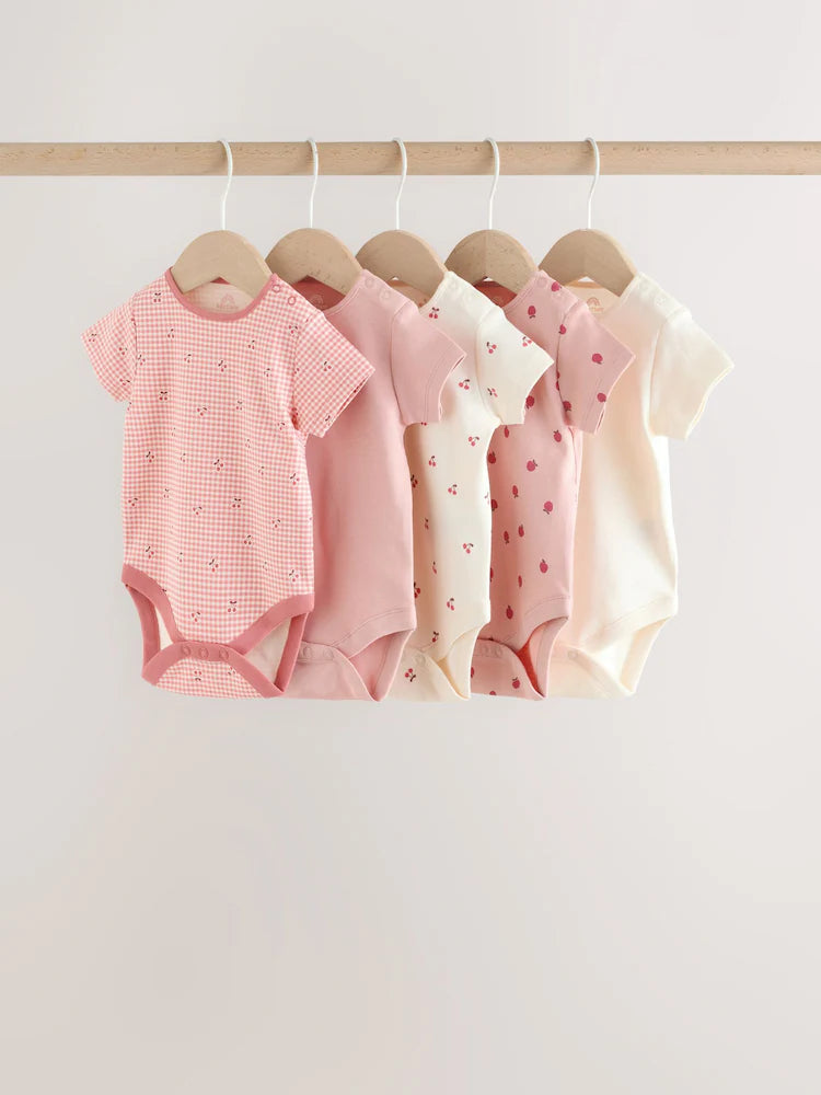 |BabyGirl| Conjunto Com 5 Bodies Rosa De Manga Curta Para Bebês.