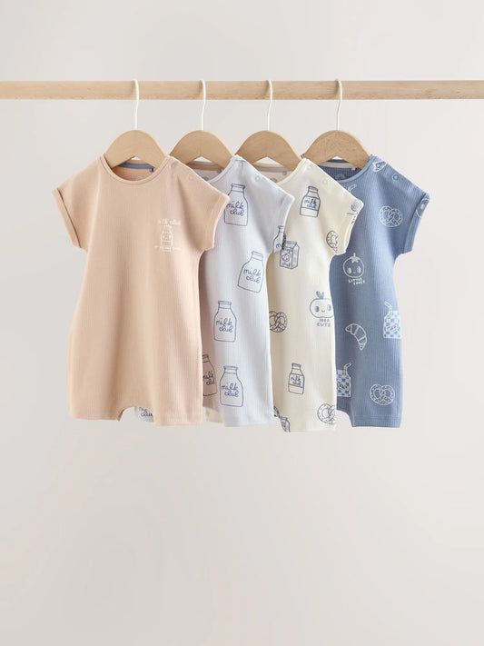 |BabyBoy| Conjunto Com 4 Macacões De Bebê Em Algodão Rico Nas Cores Azul e Neutro