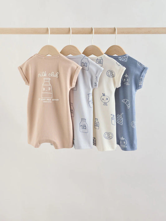 |BabyBoy| Conjunto Com 4 Macacões De Bebê Em Algodão Rico Nas Cores Azul e Neutro
