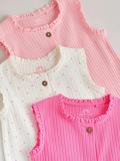 |BabyGirl| Conjunto De 3 Macacões De Bebê Em Malha De Pernas Largas Com Botões Tonais Rosa