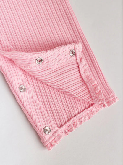 |BabyGirl| Conjunto De 3 Macacões De Bebê Em Malha De Pernas Largas Com Botões Tonais Rosa