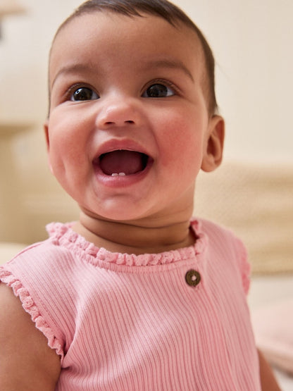 |BabyGirl| Conjunto De 3 Macacões De Bebê Em Malha De Pernas Largas Com Botões Tonais Rosa