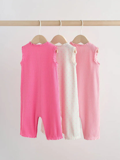 |BabyGirl| Conjunto De 3 Macacões De Bebê Em Malha De Pernas Largas Com Botões Tonais Rosa