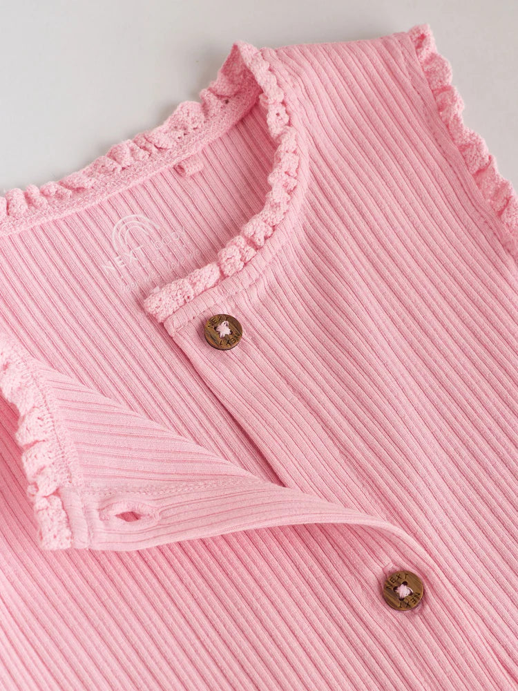 |BabyGirl| Conjunto De 3 Macacões De Bebê Em Malha De Pernas Largas Com Botões Tonais Rosa