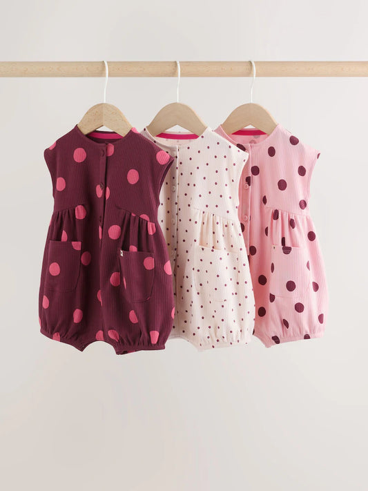 |BabyGirl| Conjunto Com 3 Macacões De Bebê Rosa Com Bolinhas e Botões