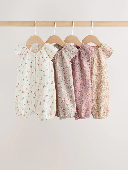|BabyGirl| Conjunto De 4 Macacões De Bebê Em Malha Jersey Com Estampa Floral Neutra.