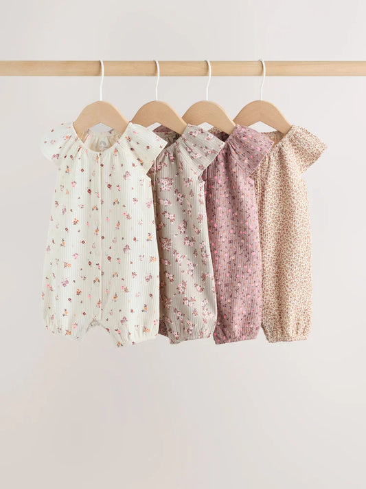 |BabyGirl| Conjunto De 4 Macacões De Bebê Em Malha Jersey Com Estampa Floral Neutra.
