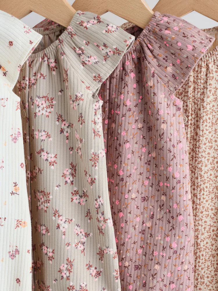 |BabyGirl| Conjunto De 4 Macacões De Bebê Em Malha Jersey Com Estampa Floral Neutra.