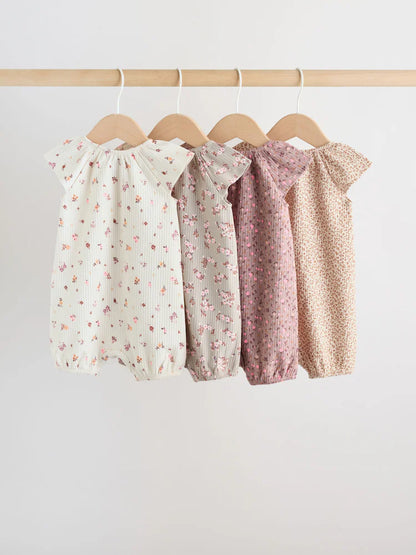 |BabyGirl| Conjunto De 4 Macacões De Bebê Em Malha Jersey Com Estampa Floral Neutra.