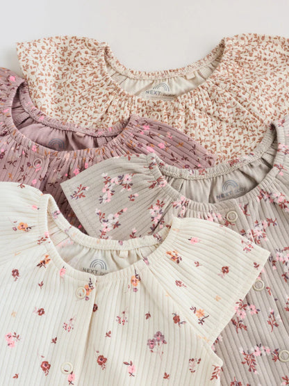 |BabyGirl| Conjunto De 4 Macacões De Bebê Em Malha Jersey Com Estampa Floral Neutra.