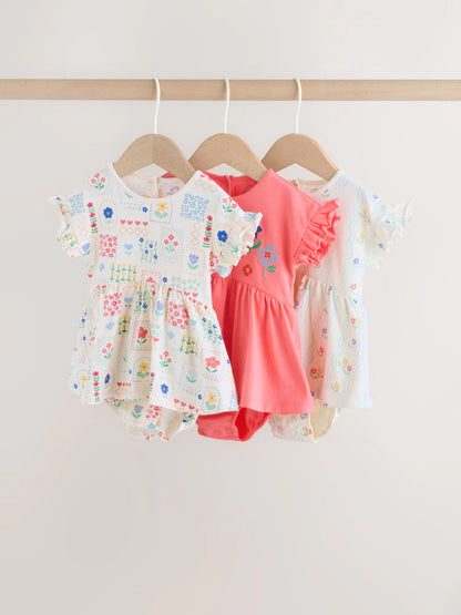 |BabyGirl| Conjunto Com 3 Macacões De Bebê Em Malha Com Bordado Vermelho e Branco