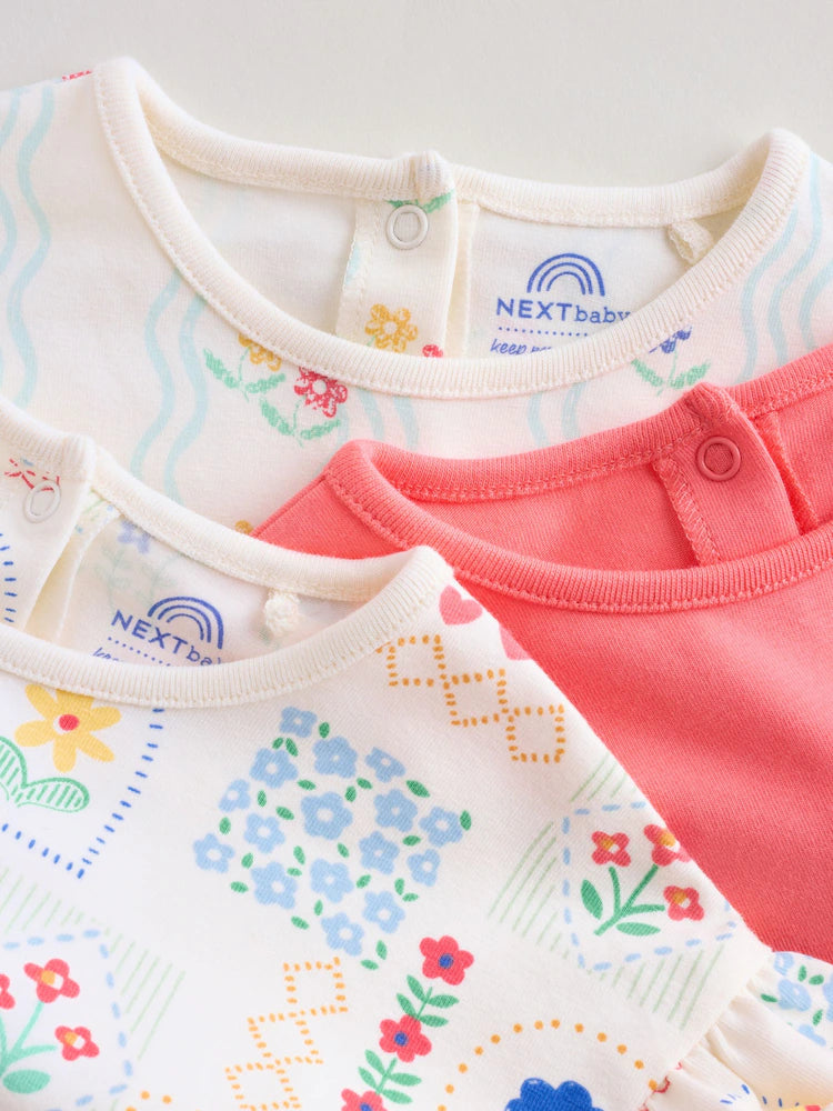 |BabyGirl| Conjunto Com 3 Macacões De Bebê Em Malha Com Bordado Vermelho e Branco