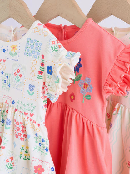 |BabyGirl| Conjunto Com 3 Macacões De Bebê Em Malha Com Bordado Vermelho e Branco