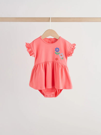 |BabyGirl| Conjunto Com 3 Macacões De Bebê Em Malha Com Bordado Vermelho e Branco