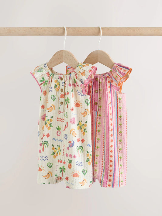 |BabyGirl| Conjunto Com 2 Macacões De Bebê Em Malha Texturizada Com Estampa De Frutas Em Tons Naturais/Coral