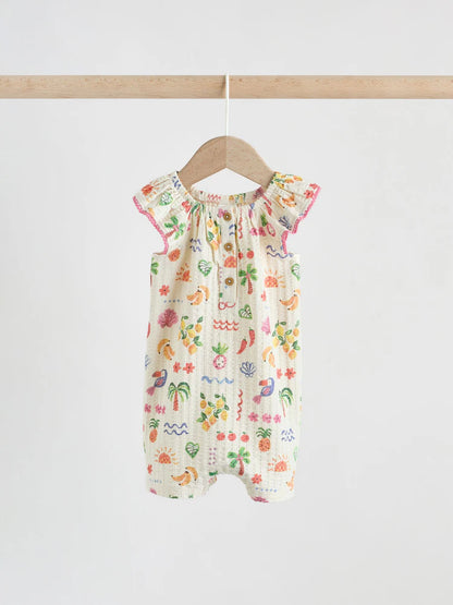 |BabyGirl| Conjunto Com 2 Macacões De Bebê Em Malha Texturizada Com Estampa De Frutas Em Tons Naturais/Coral