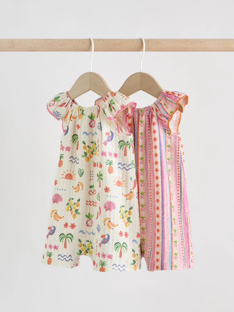 |BabyGirl| Conjunto Com 2 Macacões De Bebê Em Malha Texturizada Com Estampa De Frutas Em Tons Naturais/Coral