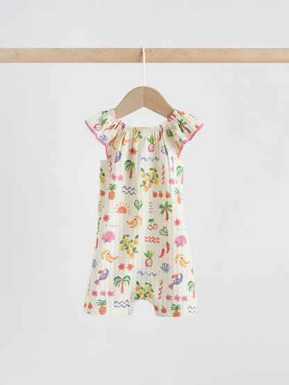 |BabyGirl| Conjunto Com 2 Macacões De Bebê Em Malha Texturizada Com Estampa De Frutas Em Tons Naturais/Coral