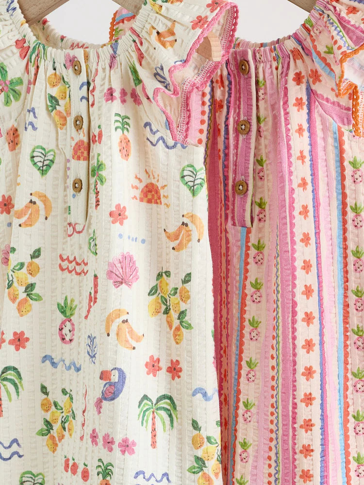 |BabyGirl| Conjunto Com 2 Macacões De Bebê Em Malha Texturizada Com Estampa De Frutas Em Tons Naturais/Coral