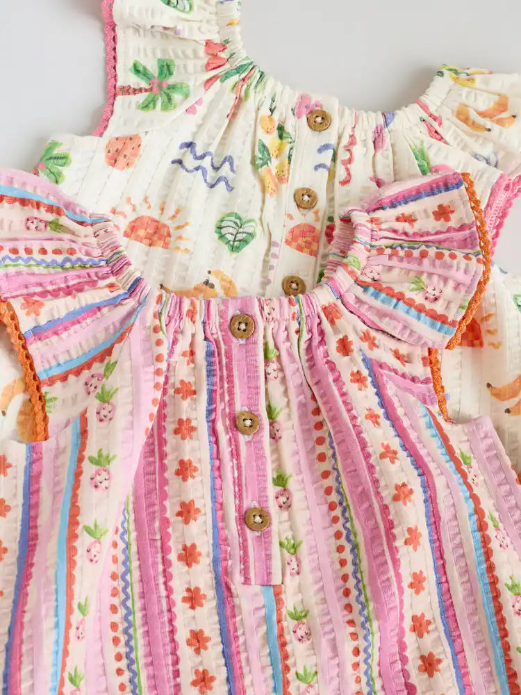 |BabyGirl| Conjunto Com 2 Macacões De Bebê Em Malha Texturizada Com Estampa De Frutas Em Tons Naturais/Coral