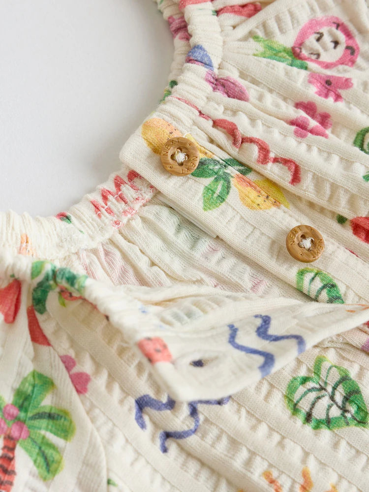 |BabyGirl| Conjunto Com 2 Macacões De Bebê Em Malha Texturizada Com Estampa De Frutas Em Tons Naturais/Coral