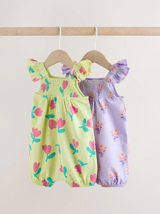 |BabyGirl| Conjunto De 2 Macacões De Bebê Com Estampa Floral Roxa e Verde e Detalhes Franzidos