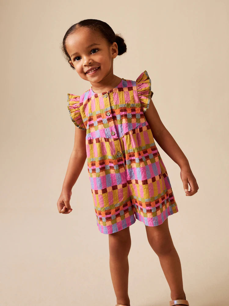 |Girl| Macacão Curto Xadrez Multicolorido Com Mangas Esvoaçantes (3 meses a 7 anos)