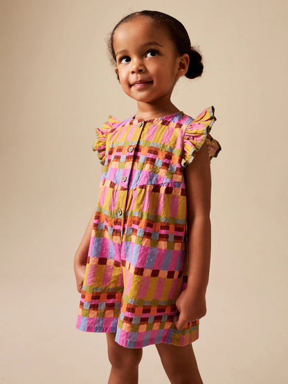 |Girl| Macacão Curto Xadrez Multicolorido Com Mangas Esvoaçantes (3 meses a 7 anos)