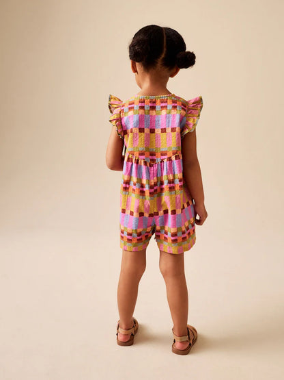 |Girl| Macacão Curto Xadrez Multicolorido Com Mangas Esvoaçantes (3 meses a 7 anos)