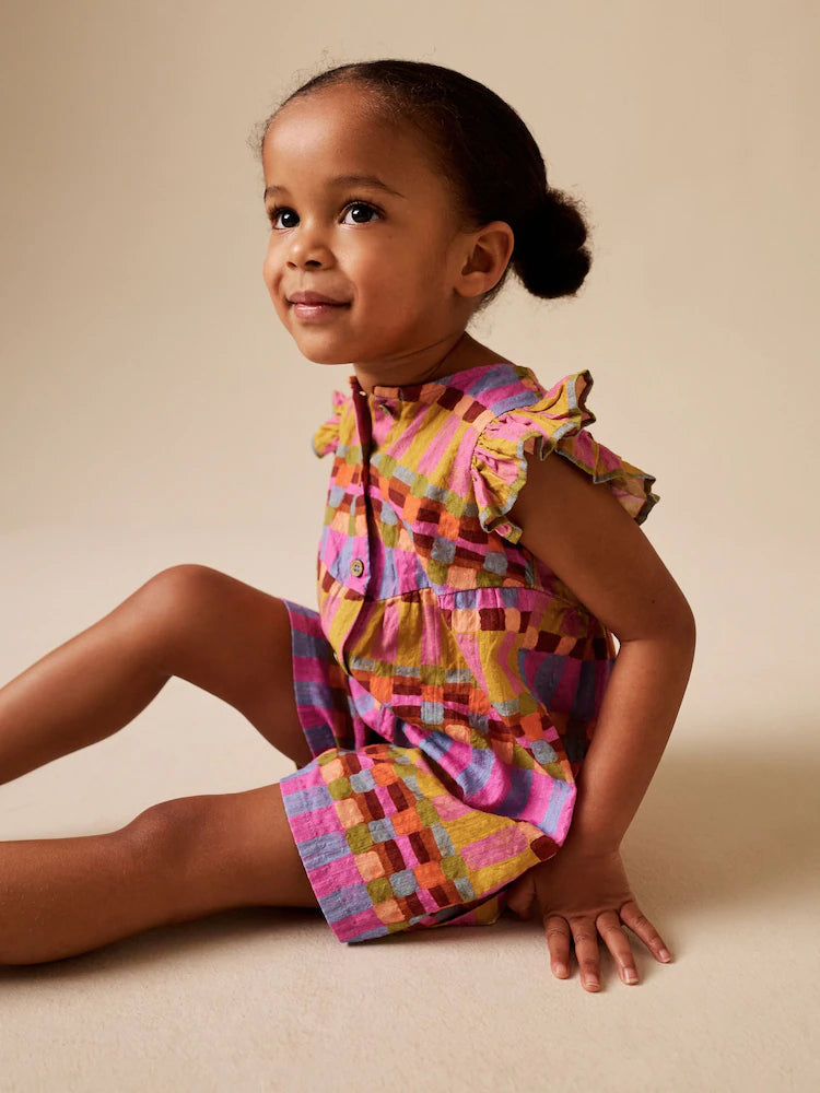|Girl| Macacão Curto Xadrez Multicolorido Com Mangas Esvoaçantes (3 meses a 7 anos)