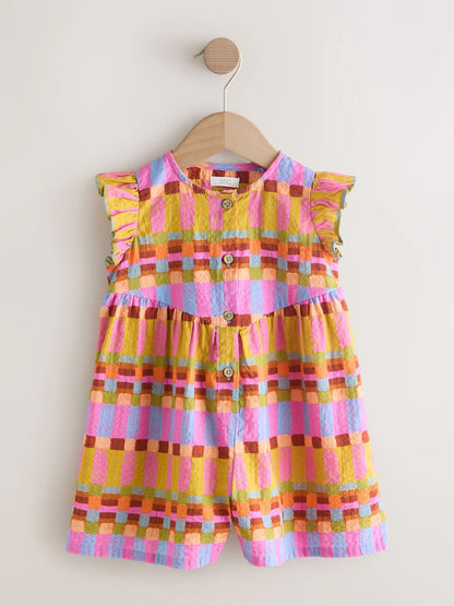 |Girl| Macacão Curto Xadrez Multicolorido Com Mangas Esvoaçantes (3 meses a 7 anos)