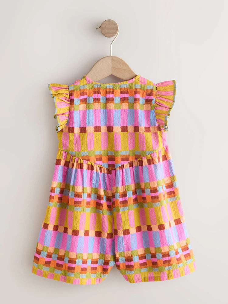|Girl| Macacão Curto Xadrez Multicolorido Com Mangas Esvoaçantes (3 meses a 7 anos)