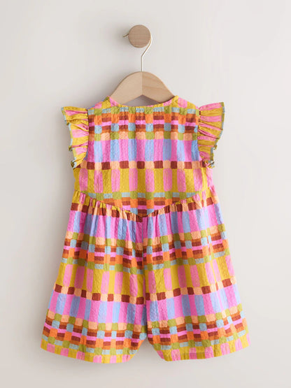 |Girl| Macacão Curto Xadrez Multicolorido Com Mangas Esvoaçantes (3 meses a 7 anos)
