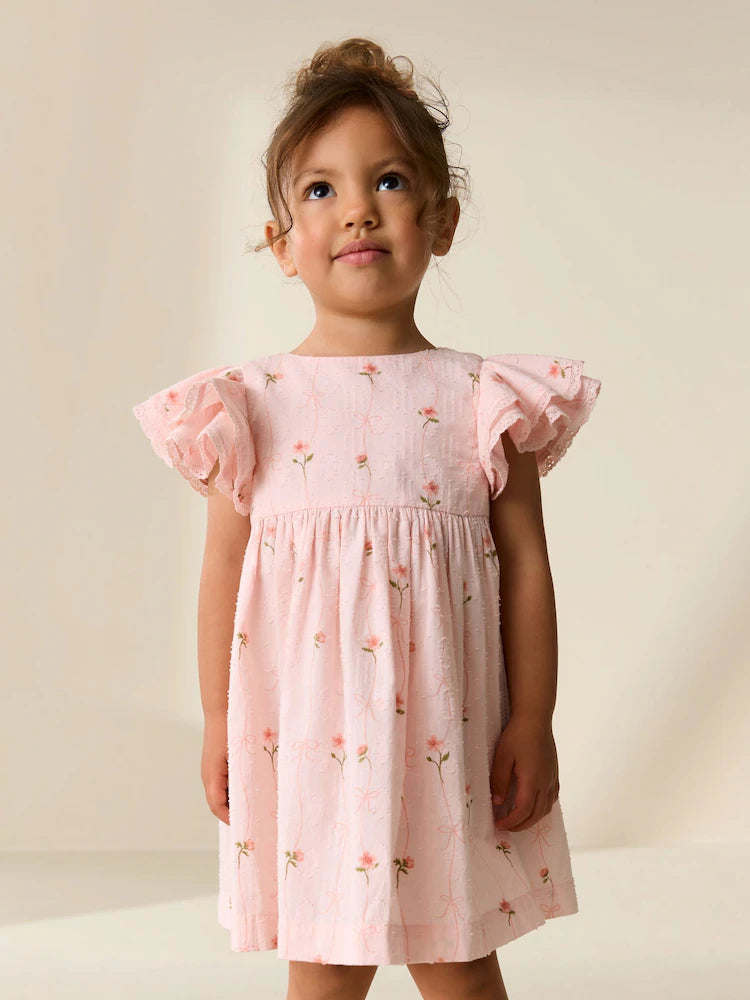 |Girl| Vestido Rosa com Estampa e Mangas Estilo Anjo (3 meses a 8 anos)