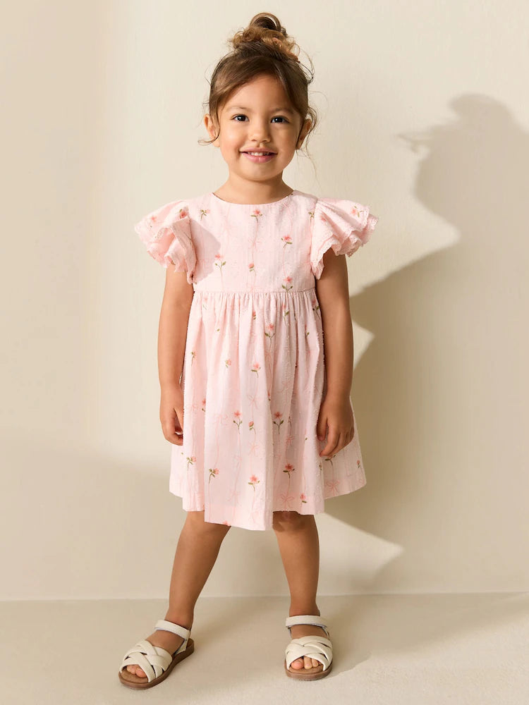 |Girl| Vestido Rosa com Estampa e Mangas Estilo Anjo (3 meses a 8 anos)