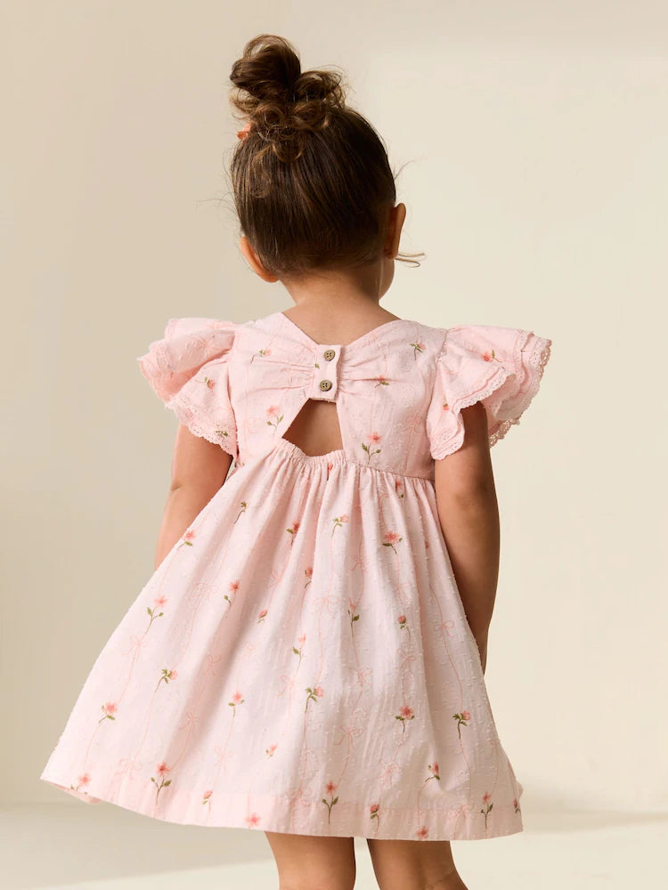 |Girl| Vestido Rosa com Estampa e Mangas Estilo Anjo (3 meses a 8 anos)